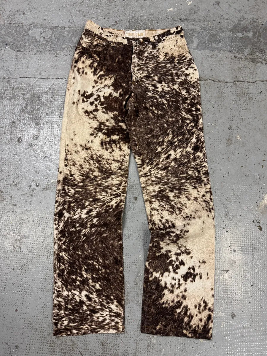 FW1999 Roberto Cavalli Cow Print Fury Movement Effect Brown & Beige Pants lbMeEfK 0