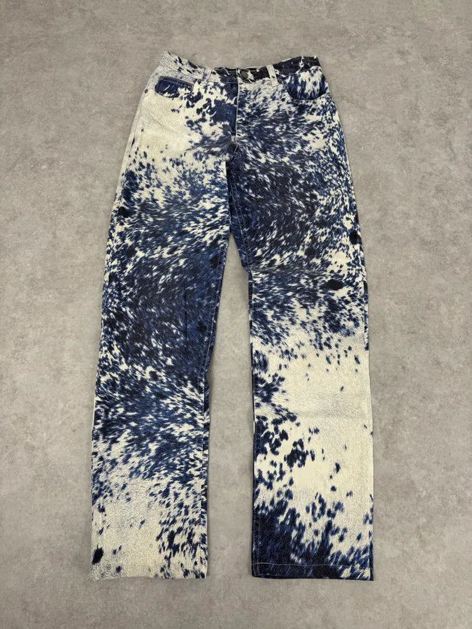 FW1999 Roberto Cavalli Cow Print Movement Effect Blue & Beige Pants IpZDohk 0