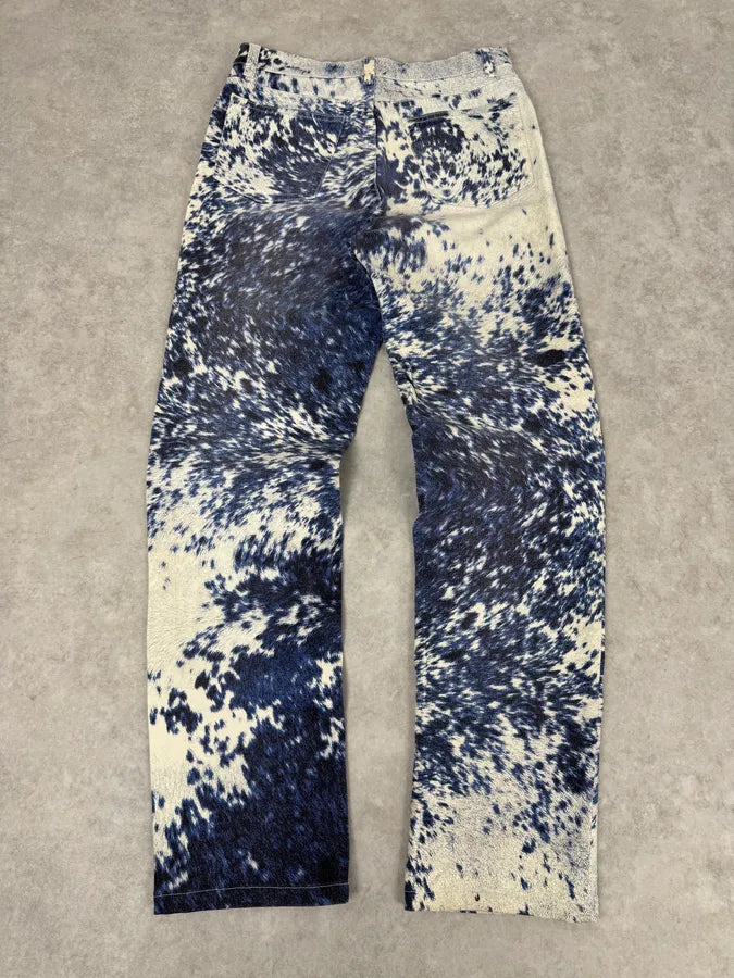 FW1999 Roberto Cavalli Cow Print Movement Effect Blue & Beige Pants IpZDohk 1