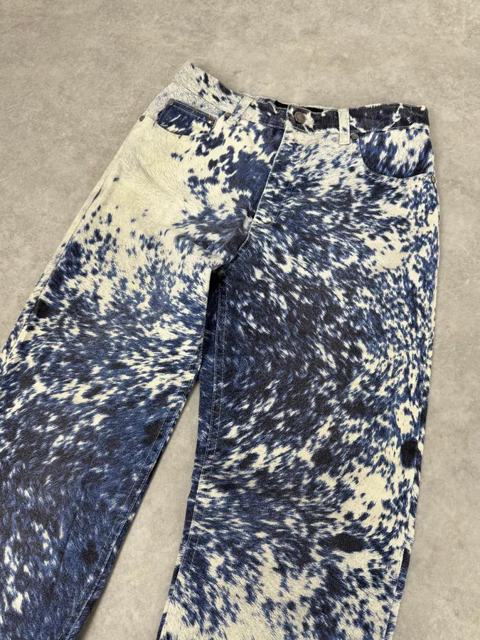 FW1999 Roberto Cavalli Cow Print Movement Effect Blue & Beige Pants IpZDohk 2