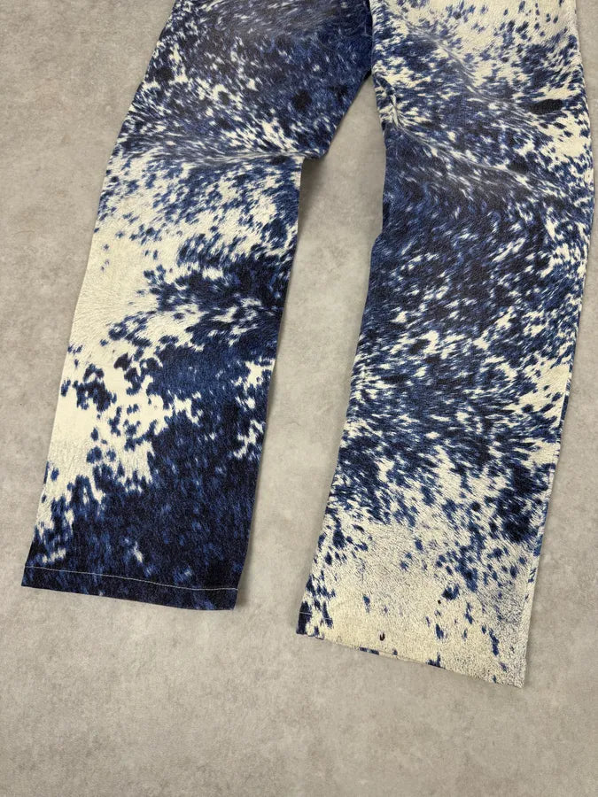 FW1999 Roberto Cavalli Cow Print Movement Effect Blue & Beige Pants IpZDohk 5