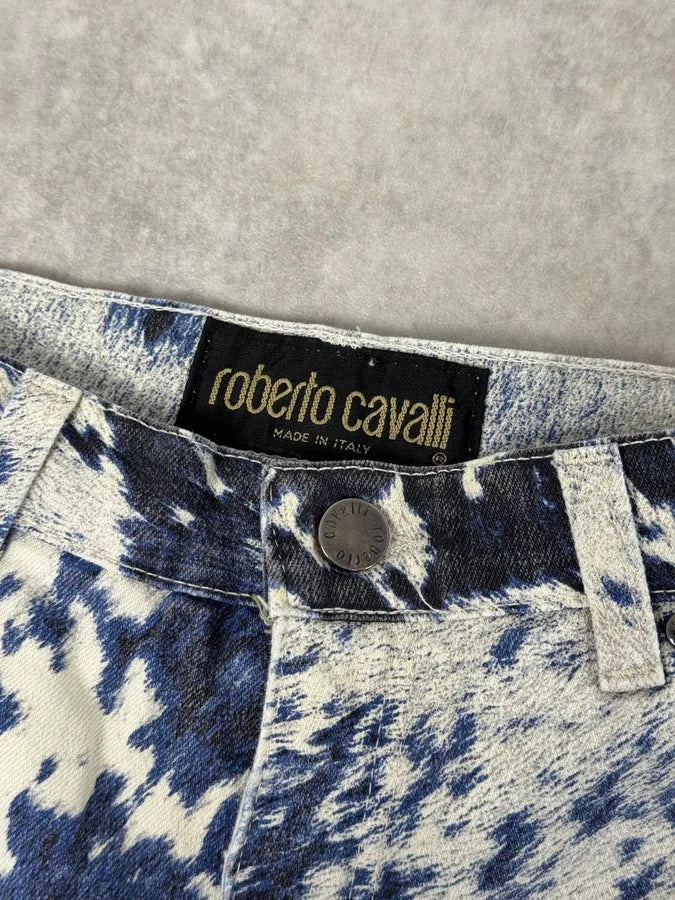 FW1999 Roberto Cavalli Cow Print Movement Effect Blue & Beige Pants IpZDohk 6