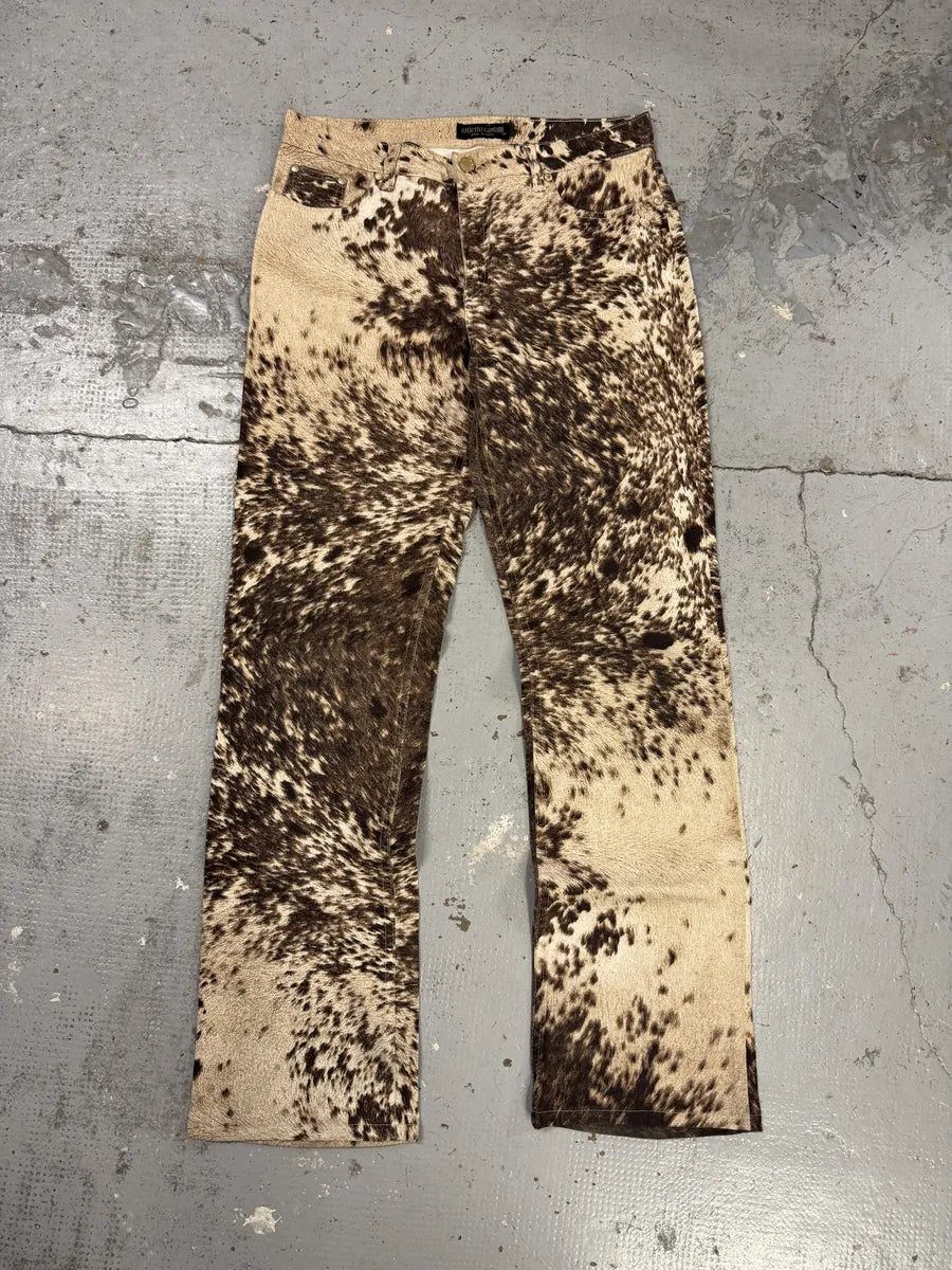 FW1999 Roberto Cavalli Cow Print Movement Effect Brown & Beige Pants UscNXPe 0