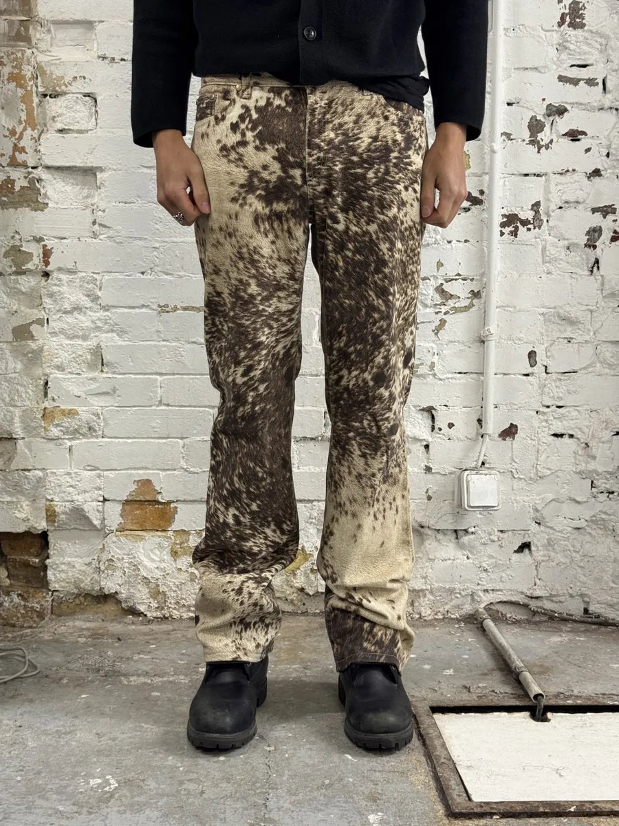 FW1999 Roberto Cavalli Cow Print Movement Effect Brown & Beige Pants UscNXPe 2