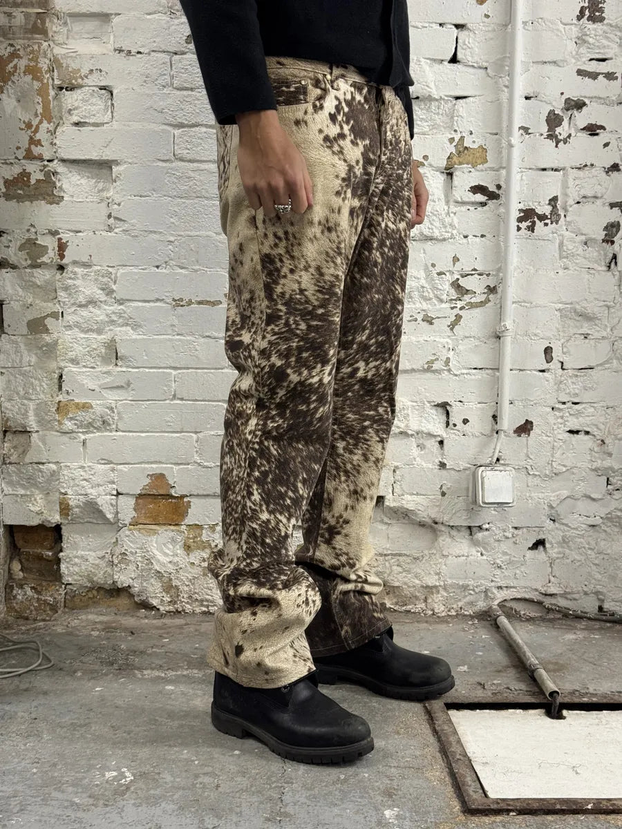 FW1999 Roberto Cavalli Cow Print Movement Effect Brown & Beige Pants UscNXPe 3