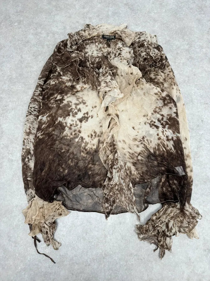 FW1999 Roberto Cavalli Furry Movement Brown & White Blouse Shirt BuwHAfn 0