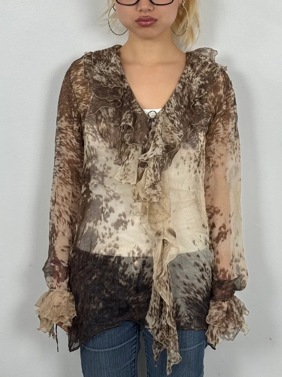 FW1999 Roberto Cavalli Furry Movement Brown & White Blouse Shirt BuwHAfn 1