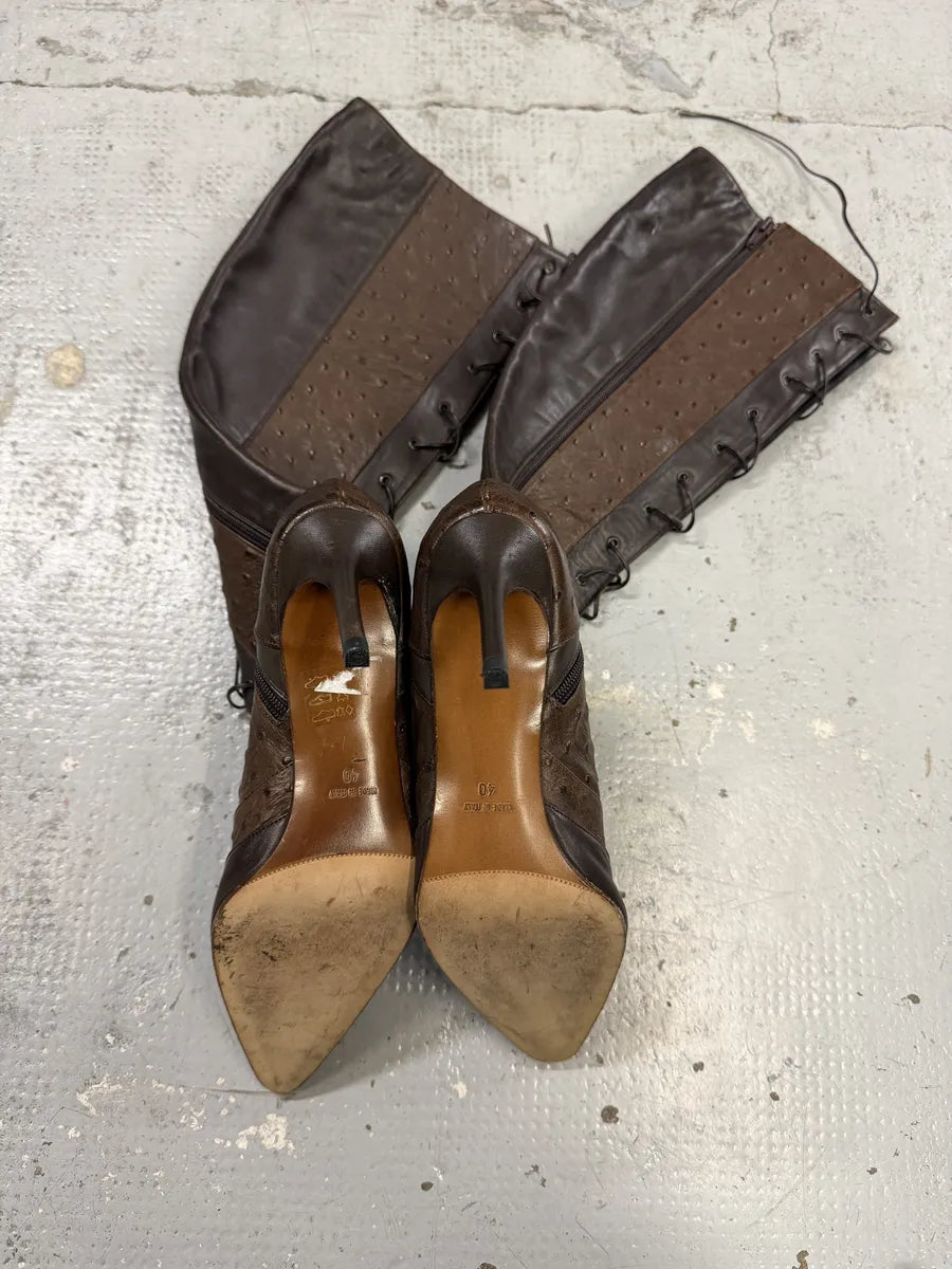 FW2000 Christian Dior Ostrich Brown Laced Leather Heels Boots pvZFFsX 3