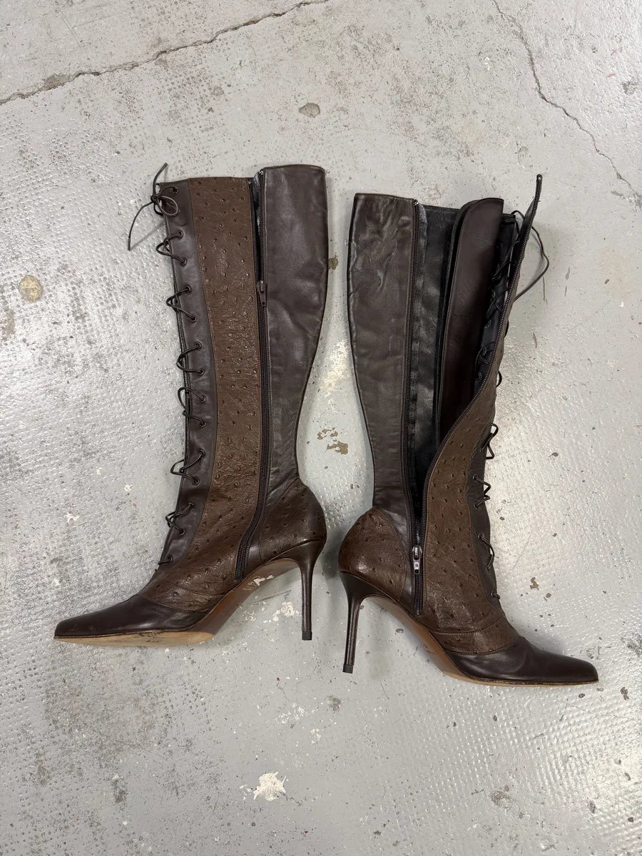 FW2000 Christian Dior Ostrich Brown Laced Leather Heels Boots pvZFFsX 4