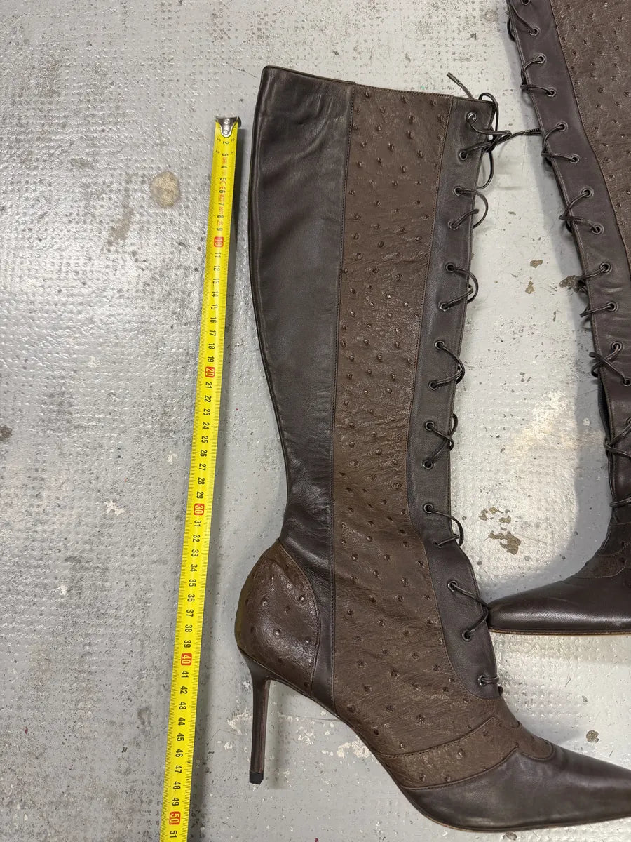 FW2000 Christian Dior Ostrich Brown Laced Leather Heels Boots pvZFFsX 5