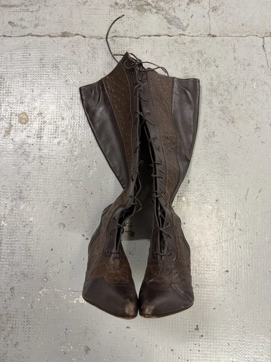 FW2000 Christian Dior Ostrich Brown Laced Leather Heels Boots pvZFFsX 6