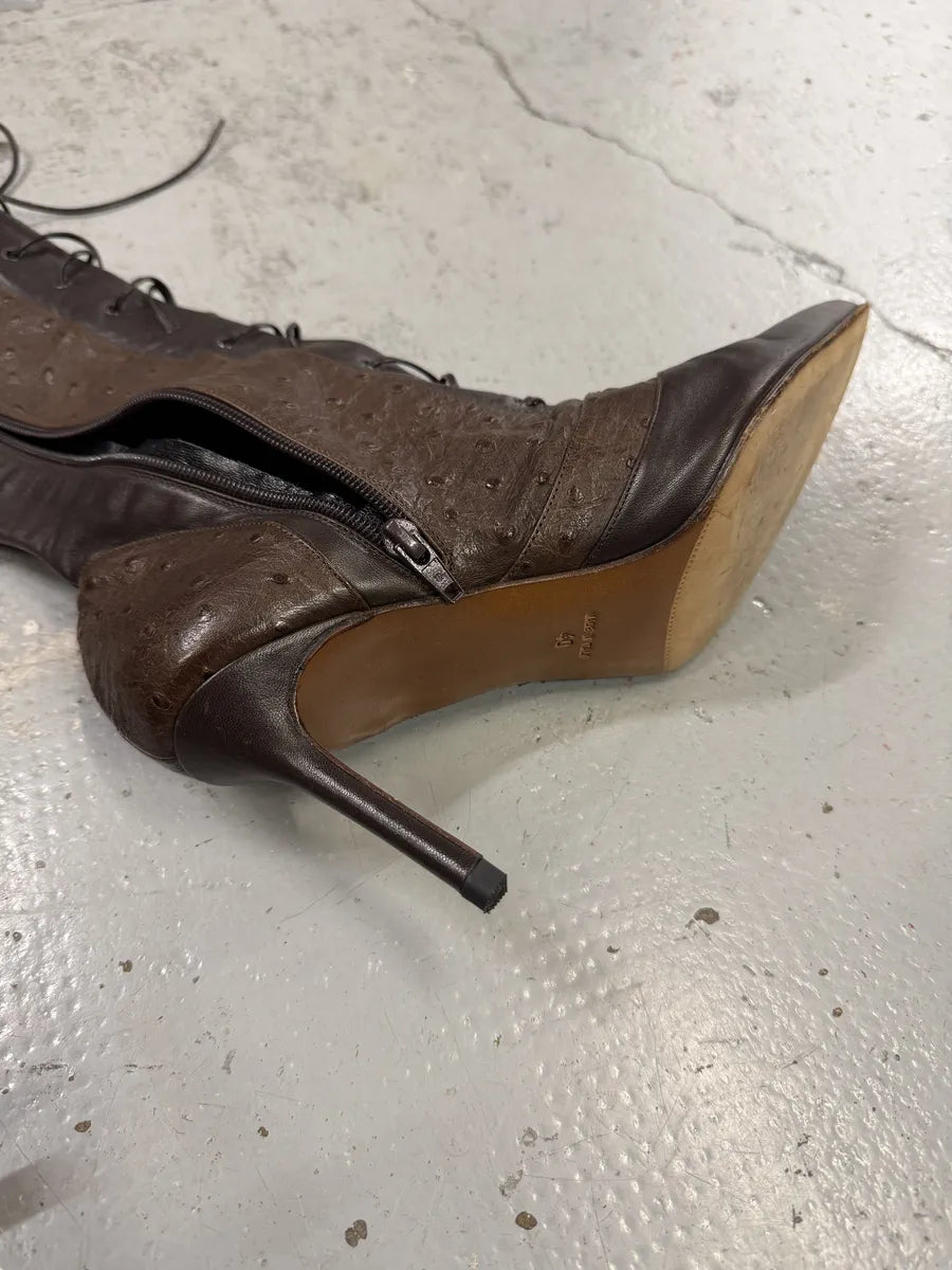 FW2000 Christian Dior Ostrich Brown Laced Leather Heels Boots pvZFFsX 7