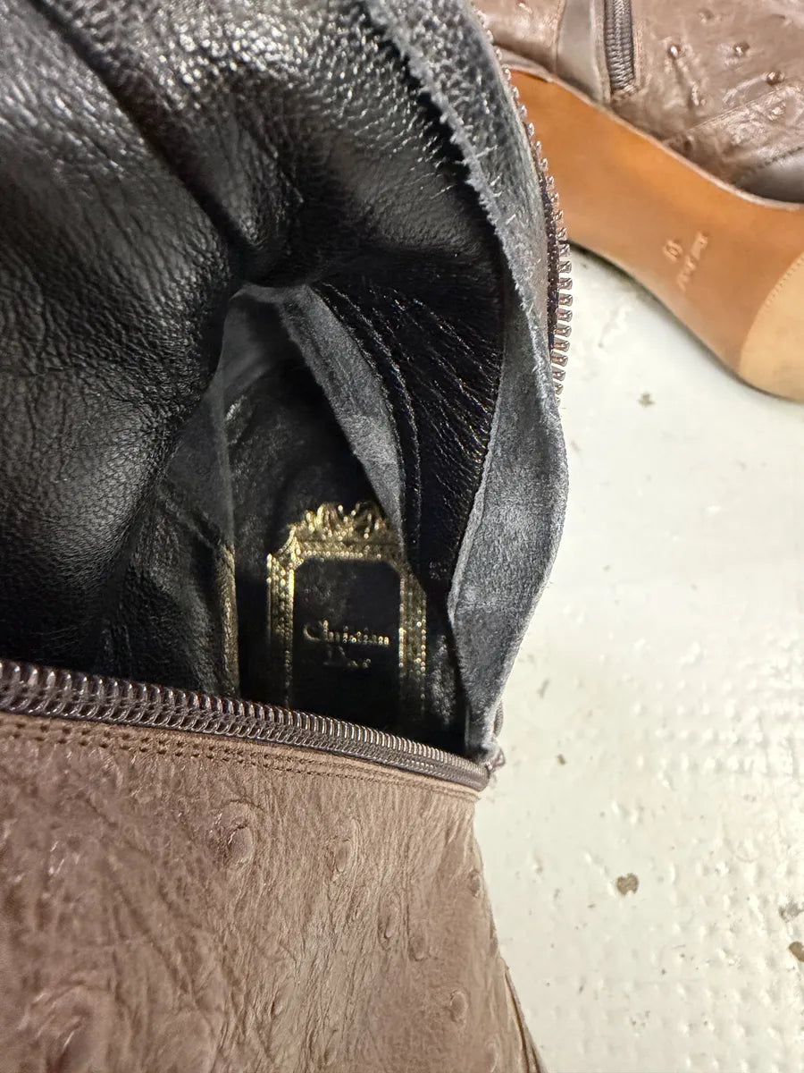 FW2000 Christian Dior Ostrich Brown Laced Leather Heels Boots pvZFFsX 8