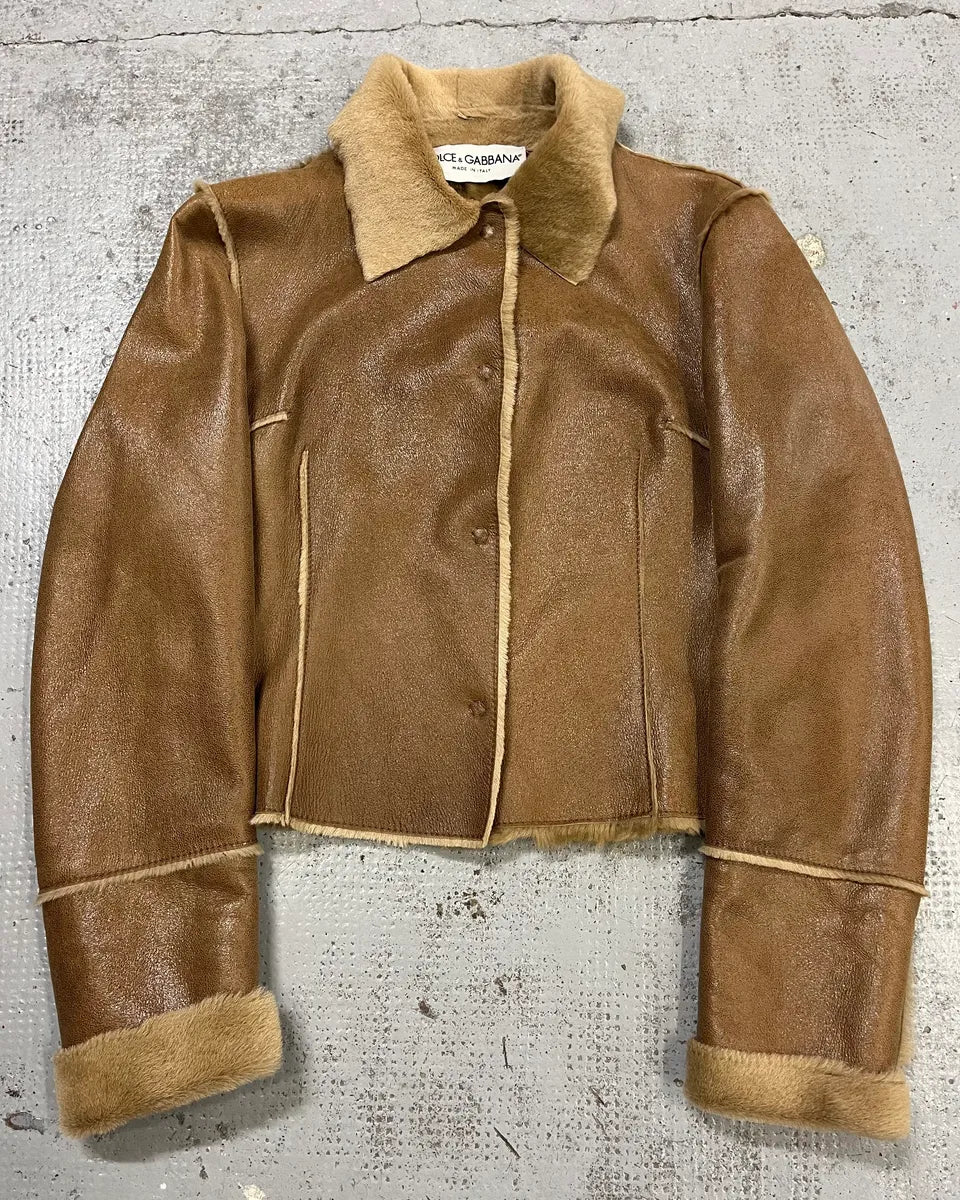 FW2000 Dolce & Gabbana Beige Fur-Lined Shiny Premium Leather Jacket yTPZUpo 0
