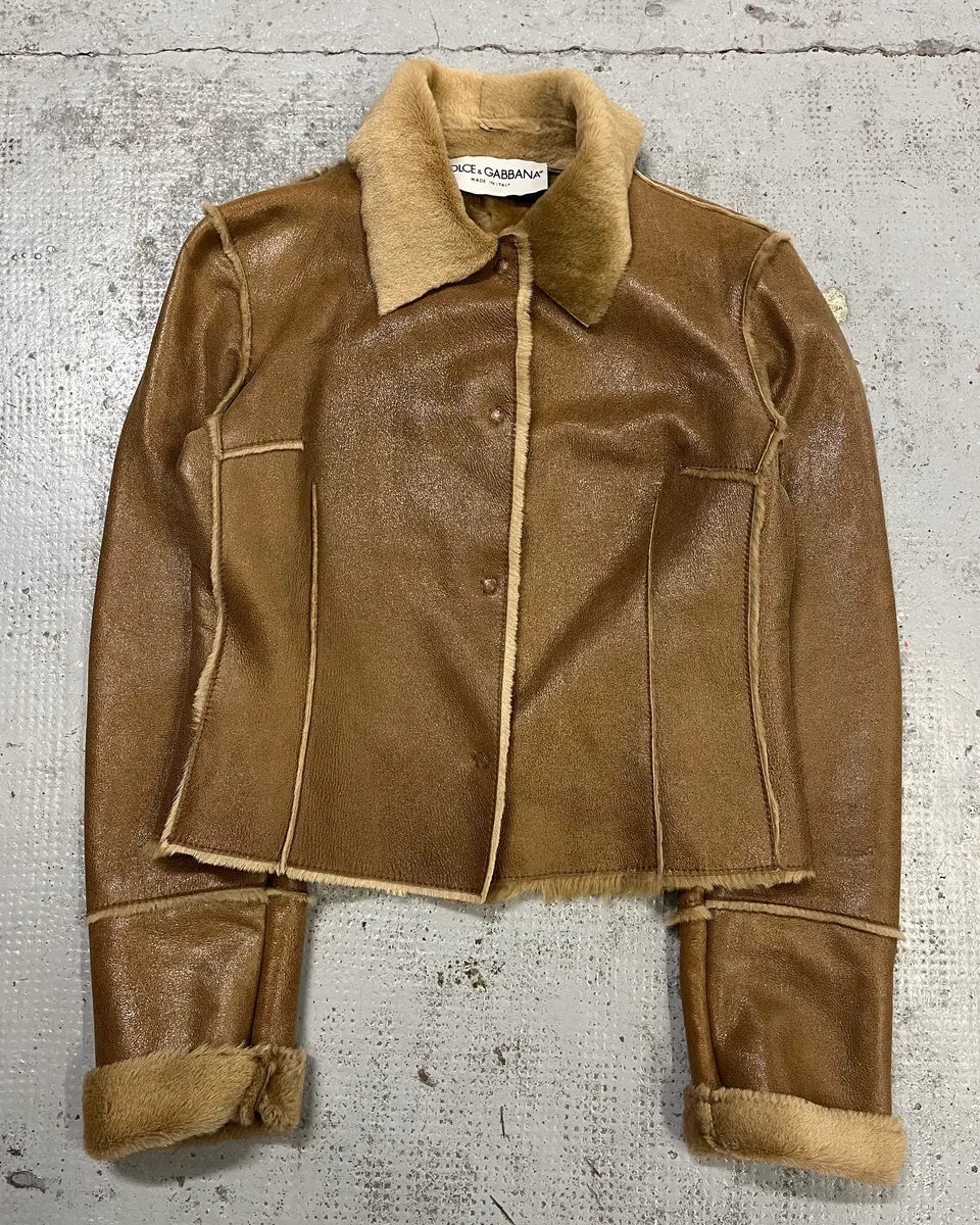 FW2000 Dolce & Gabbana Beige Fur-Lined Shiny Premium Leather Jacket yTPZUpo 3