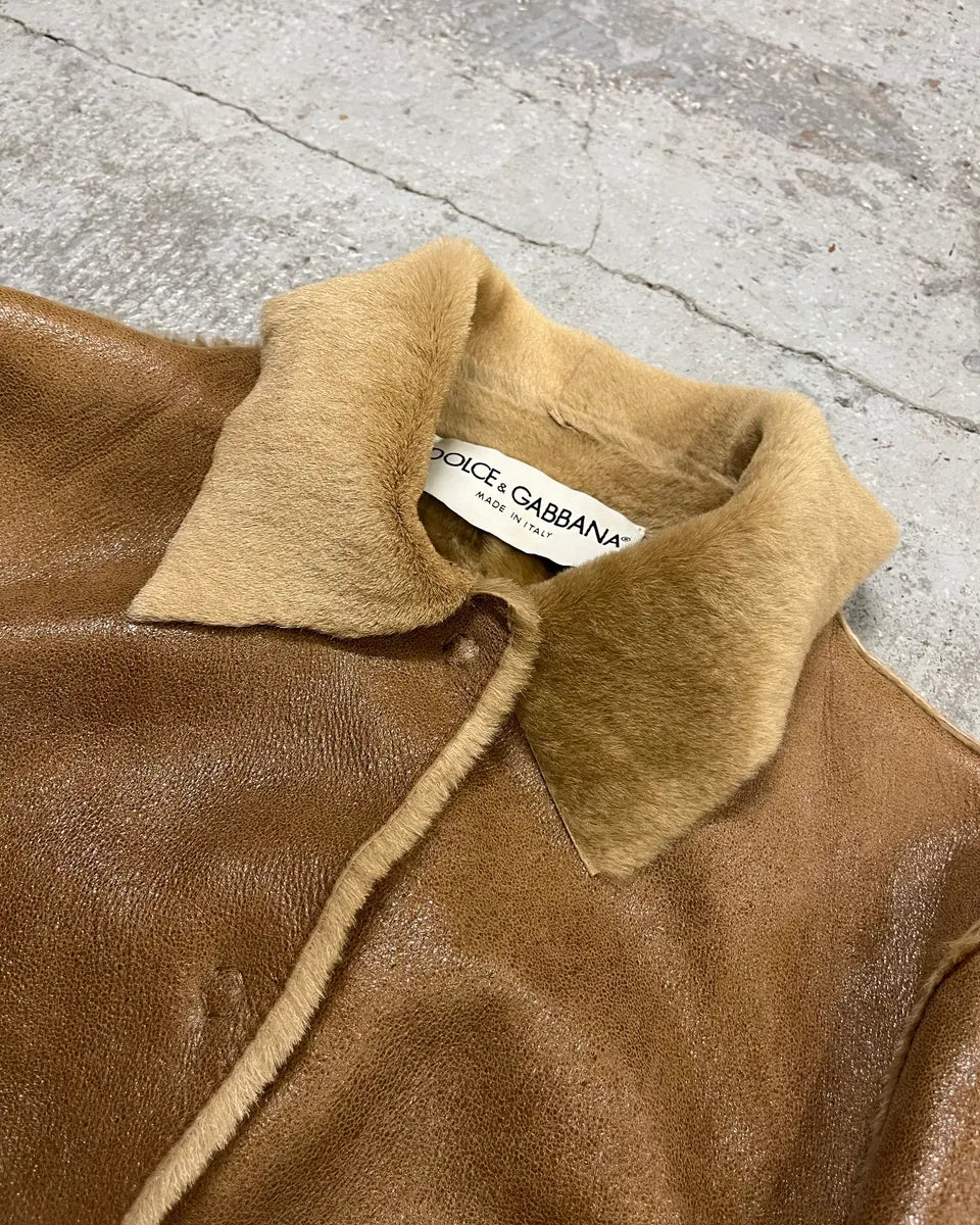 FW2000 Dolce & Gabbana Beige Fur-Lined Shiny Premium Leather Jacket yTPZUpo 4
