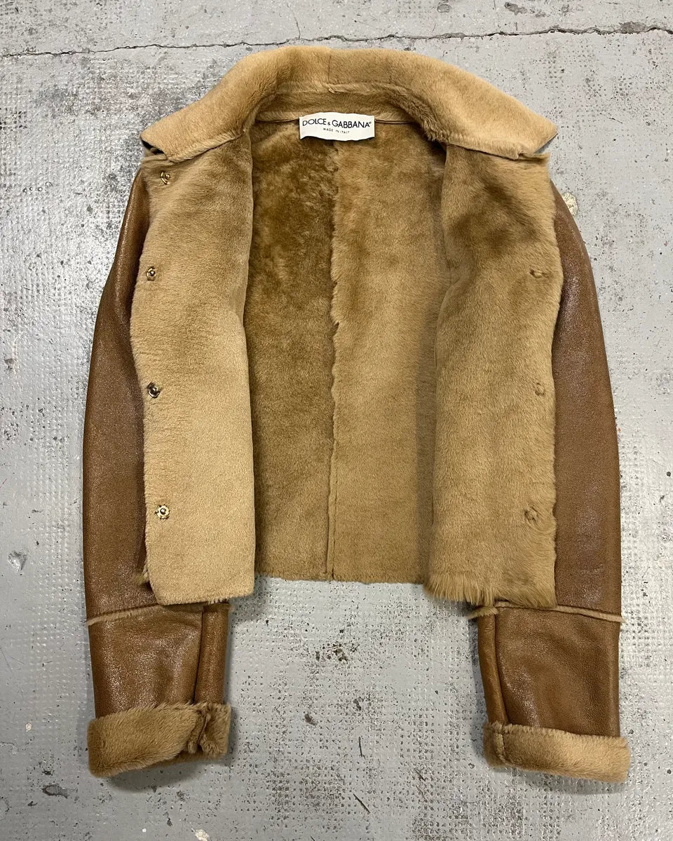 FW2000 Dolce & Gabbana Beige Fur-Lined Shiny Premium Leather Jacket yTPZUpo 7