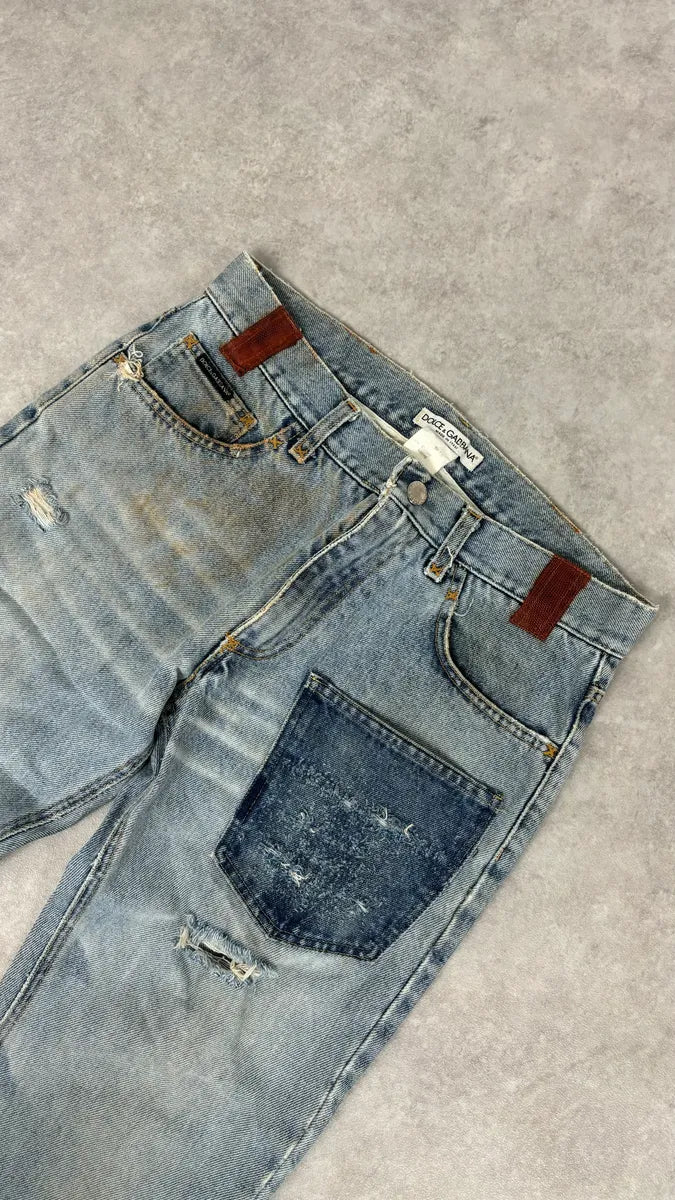 FW2000 Dolce & Gabbana Blue Irregular Red Pocket Custom Denim Jeans LqLoEAo 4