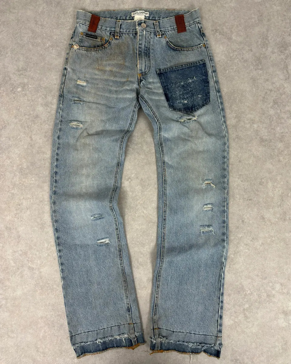 FW2000 Dolce & Gabbana Blue Irregular Red Pocket Custom Denim Jeans LqLoEAo 0