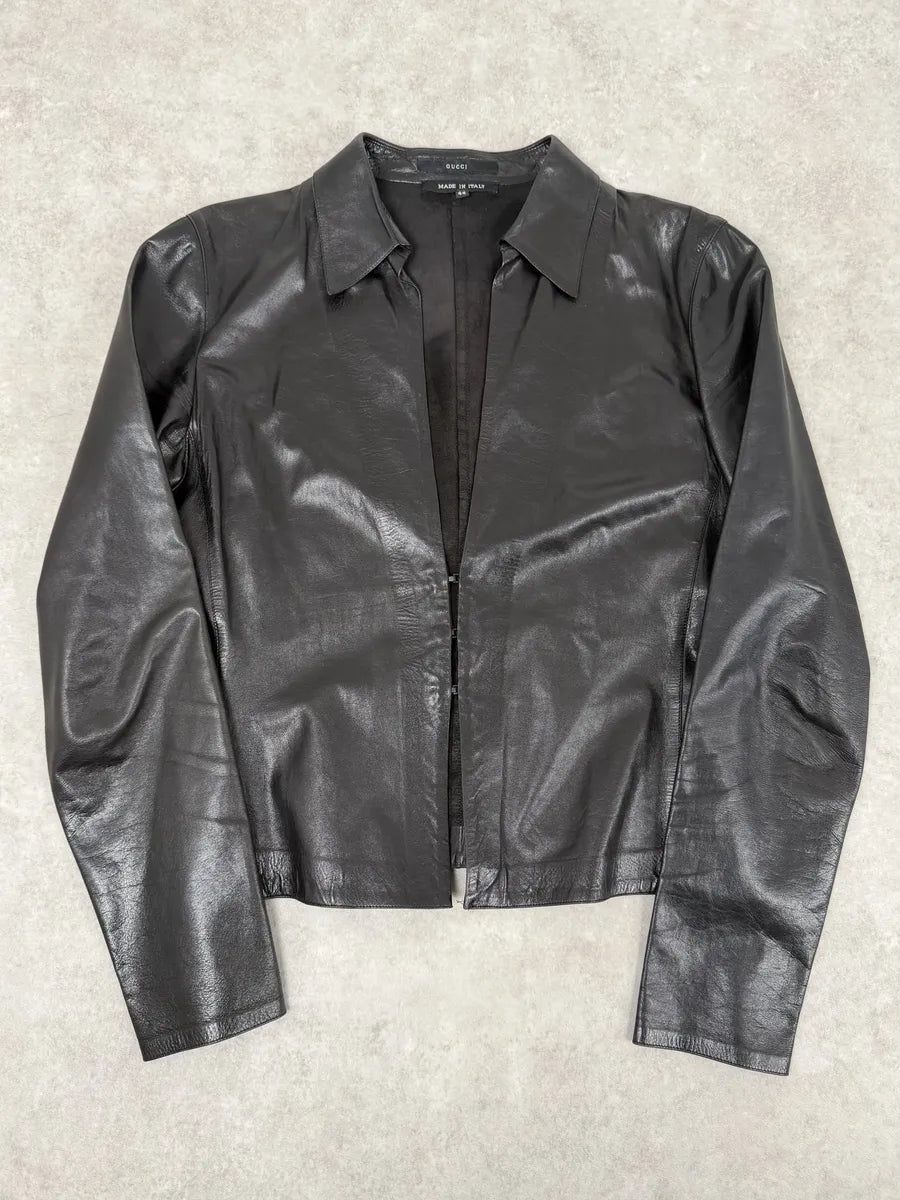 FW2000 Gucci Black Premium Minimalist Leather Jacket sgvsfKT 0