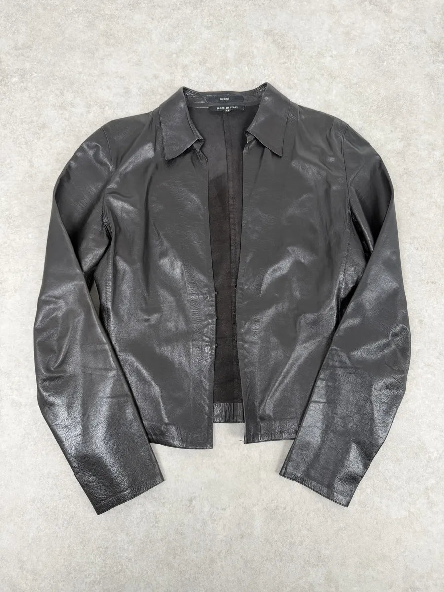 FW2000 Gucci Black Premium Minimalist Leather Jacket sgvsfKT 3