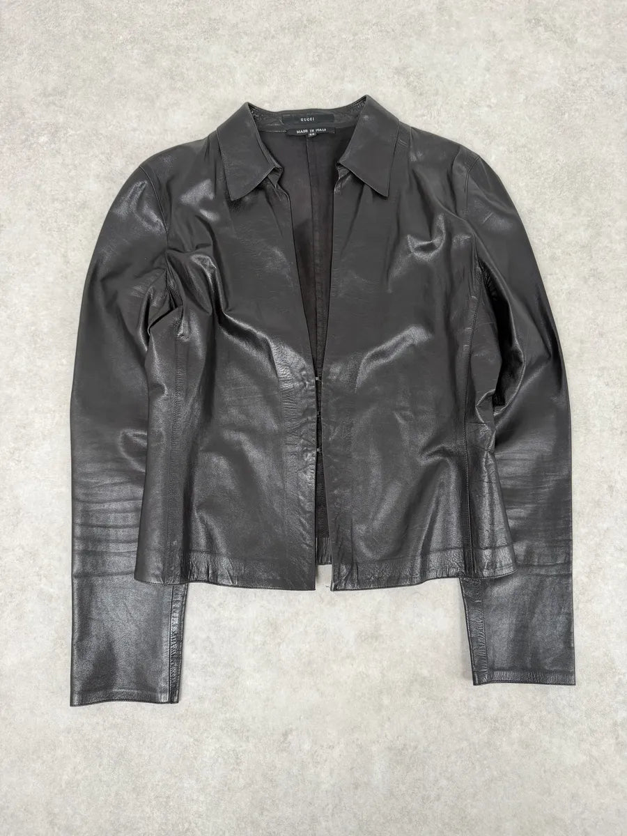 FW2000 Gucci Black Premium Minimalist Leather Jacket sgvsfKT 6
