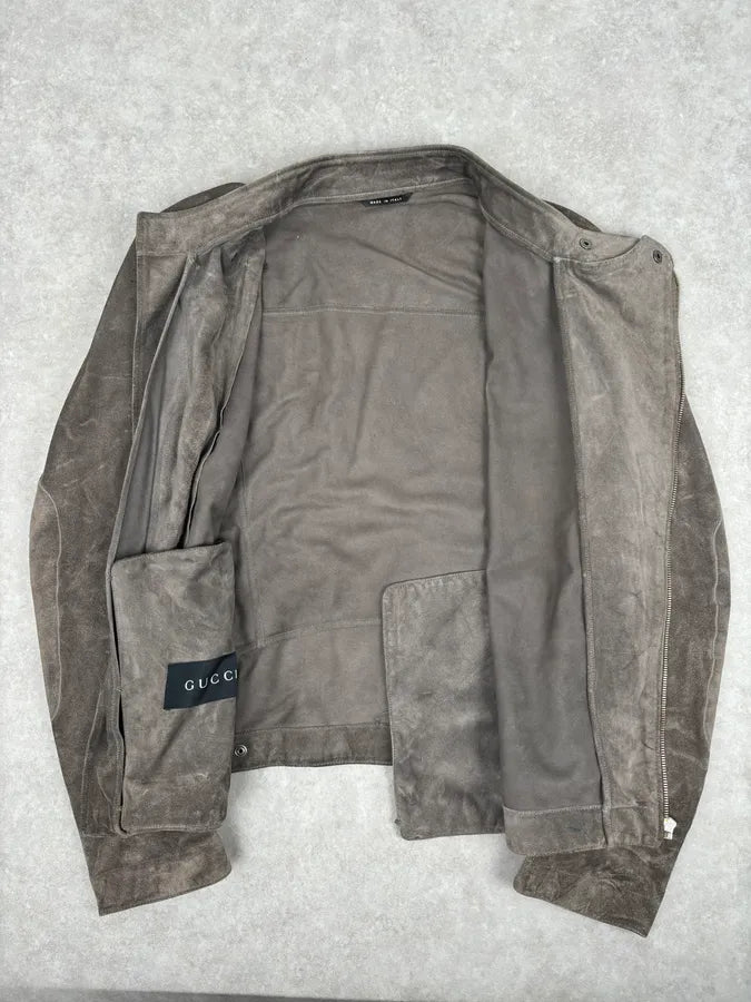 2000s Gucci Grey Suede Asymmetrical Zip Biker Jacket by Tom Ford VdhfhQu 6
