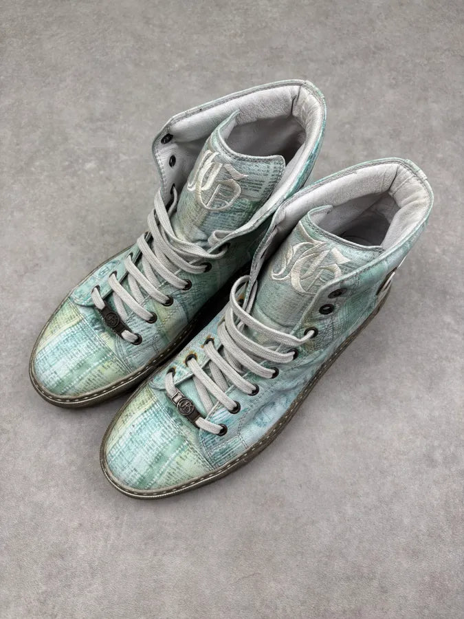 2000s John Galliano Turquoise Jacquard Magazine High Sneakers bksrBlr 2