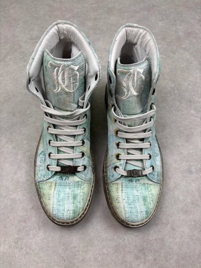 2000s John Galliano Turquoise Jacquard Magazine High Sneakers bksrBlr 1