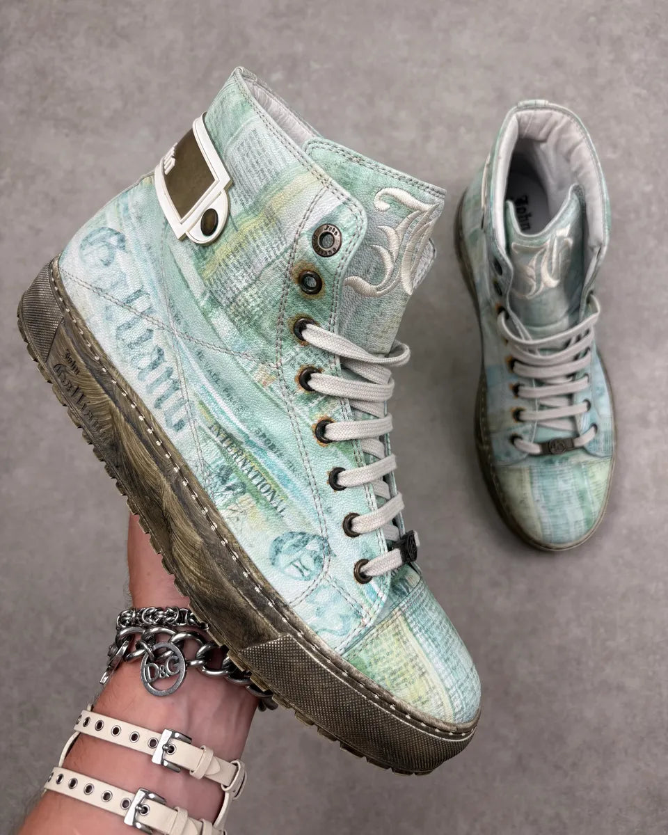 2000s John Galliano Turquoise Jacquard Magazine High Sneakers bksrBlr 0