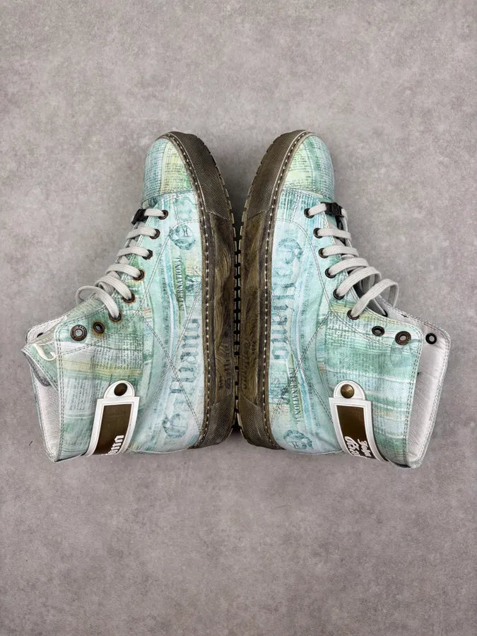 2000s John Galliano Turquoise Jacquard Magazine High Sneakers bksrBlr 4