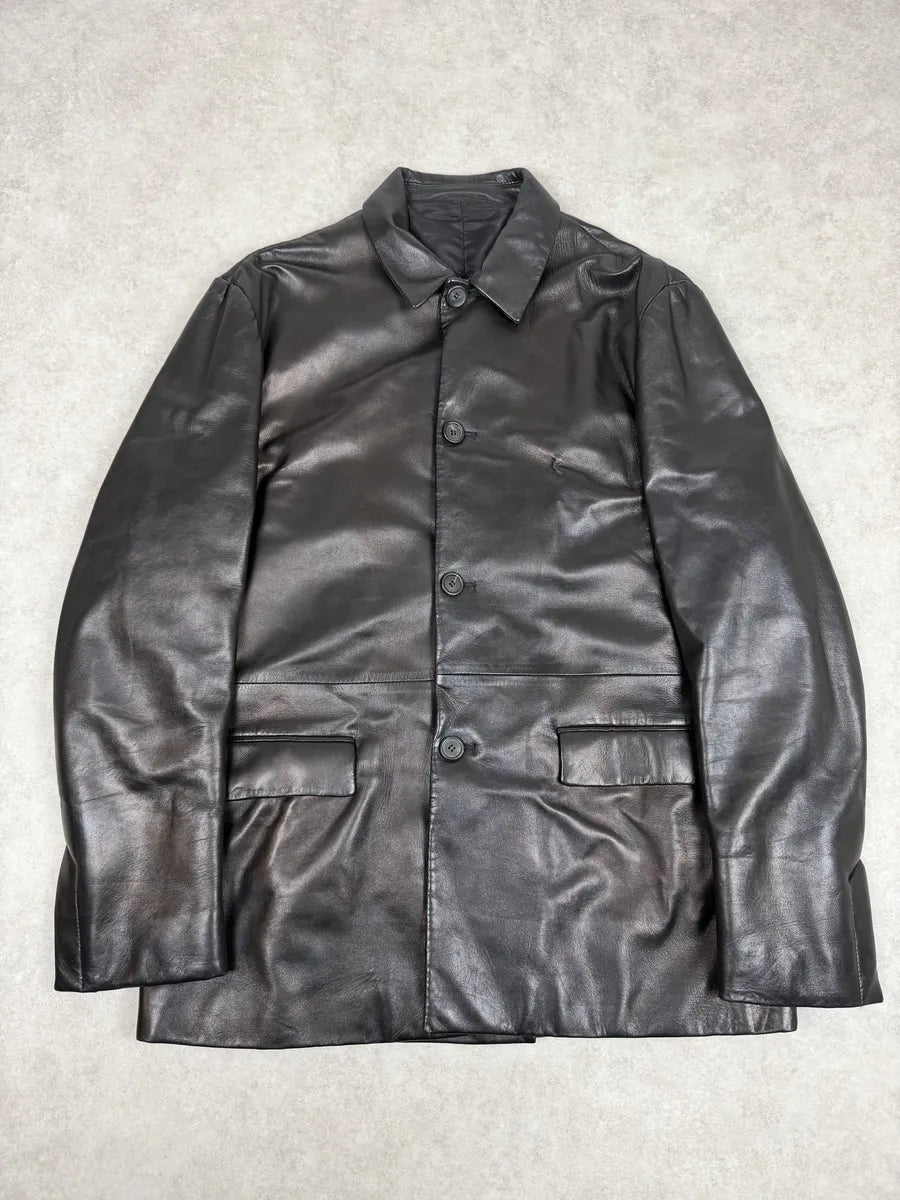 FW2000 Prada Black Long Minimalist Premium Leather Jacket XATQMfo 0