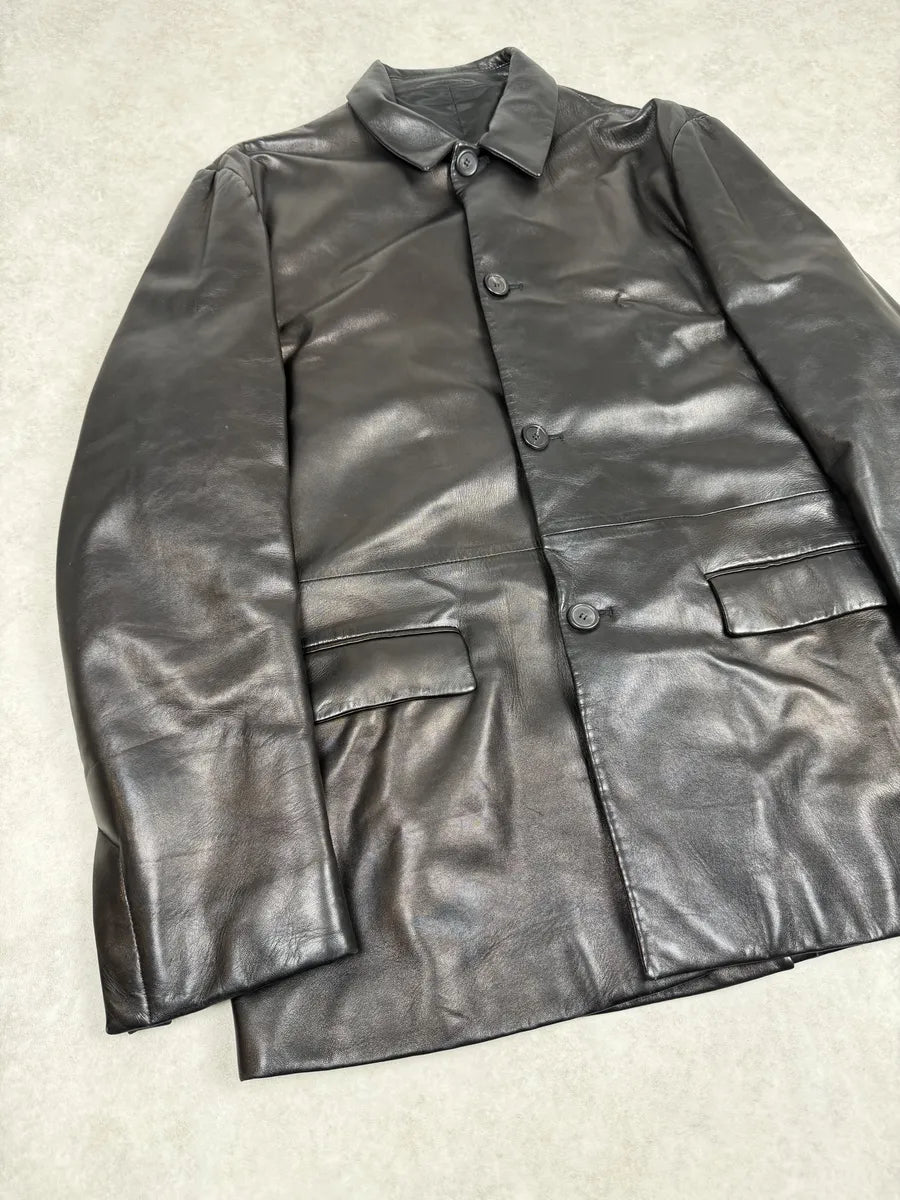 FW2000 Prada Black Long Minimalist Premium Leather Jacket XATQMfo 1