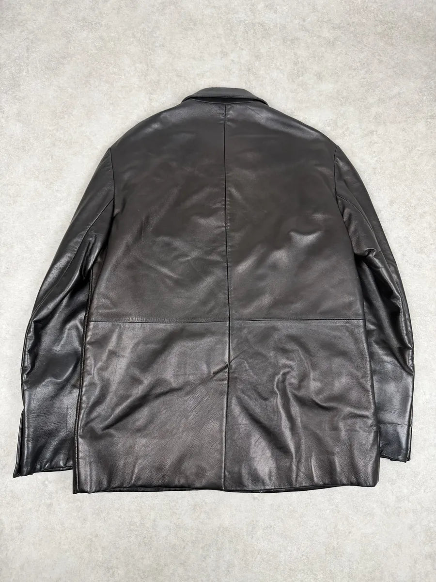 FW2000 Prada Black Long Minimalist Premium Leather Jacket XATQMfo 2