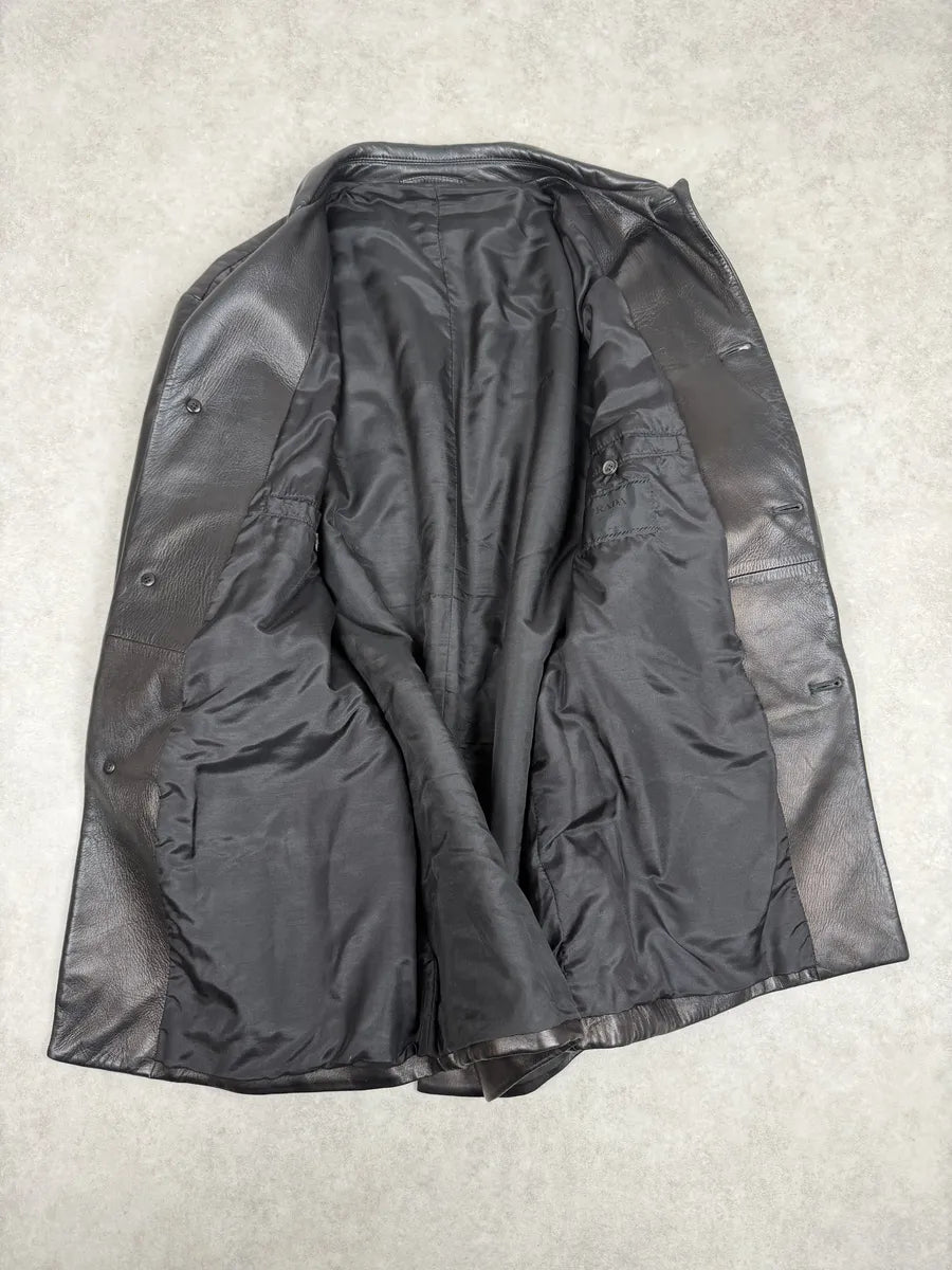 FW2000 Prada Black Long Minimalist Premium Leather Jacket XATQMfo 3