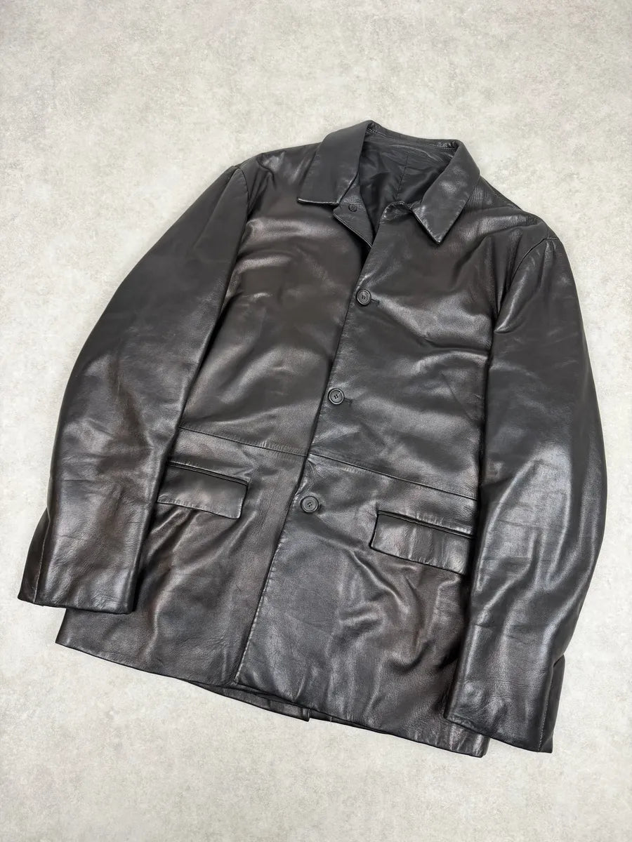 FW2000 Prada Black Long Minimalist Premium Leather Jacket XATQMfo 4