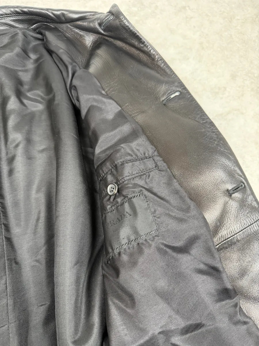 FW2000 Prada Black Long Minimalist Premium Leather Jacket XATQMfo 5