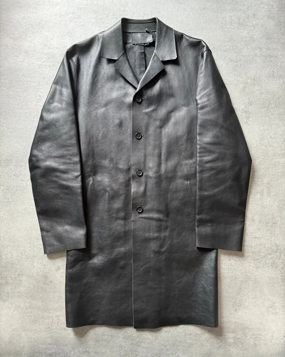 FW2000 Prada Black Pure Trench Leather Jacket JRsKjSE 0