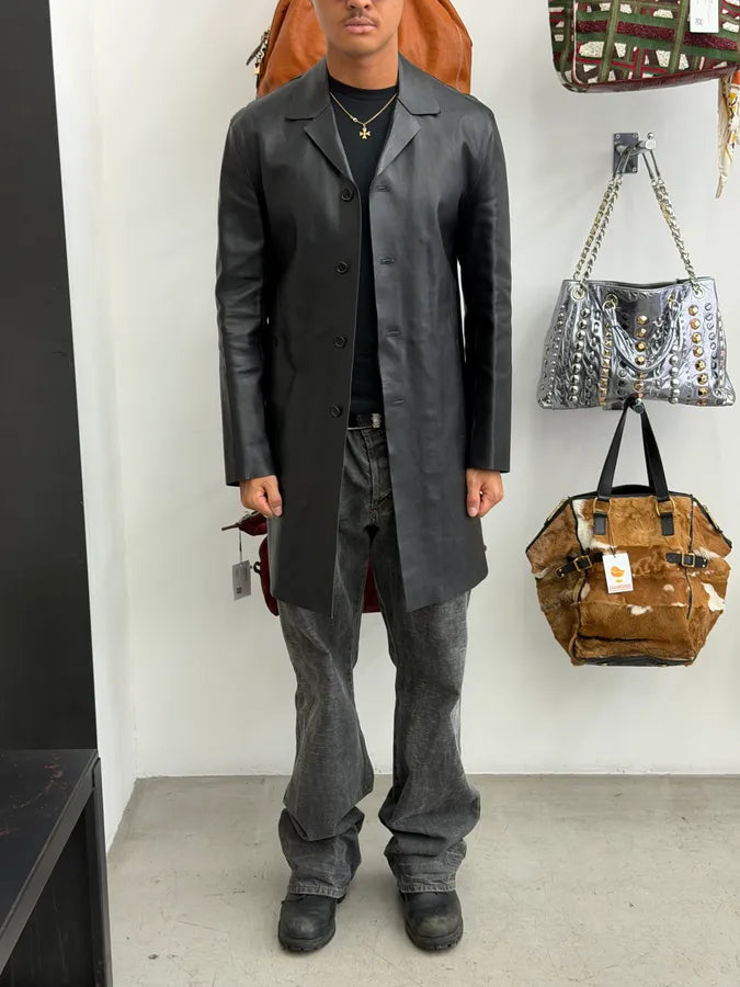 FW2000 Prada Black Pure Trench Leather Jacket JRsKjSE 0