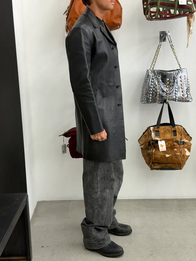FW2000 Prada Black Pure Trench Leather Jacket JRsKjSE 1