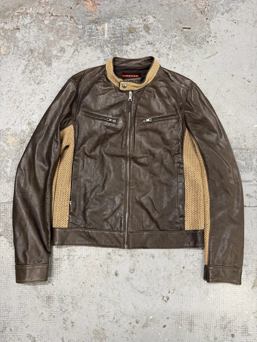 FW2000 Prada Brown & Beige Biker Leather Jacket ScDpxbJ 0