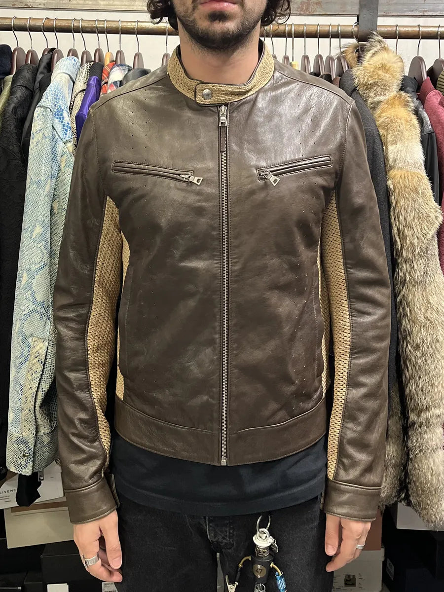 FW2000 Prada Brown & Beige Biker Leather Jacket ScDpxbJ 1