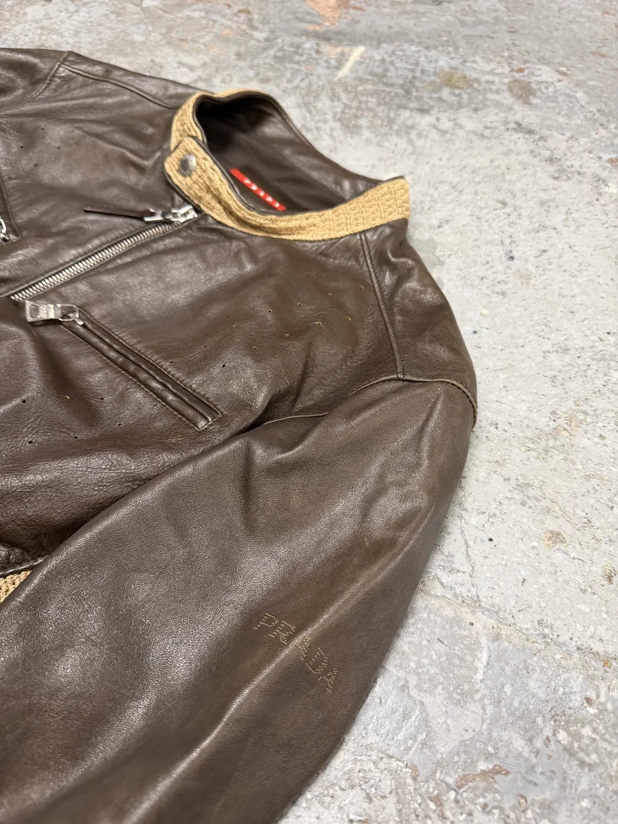 FW2000 Prada Brown & Beige Biker Leather Jacket ScDpxbJ 10