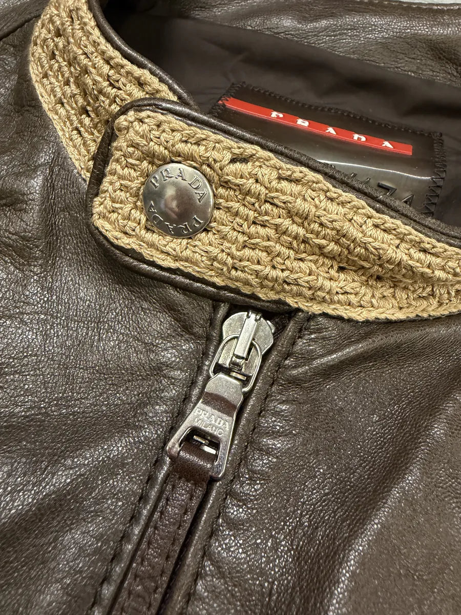 FW2000 Prada Brown & Beige Biker Leather Jacket ScDpxbJ 11