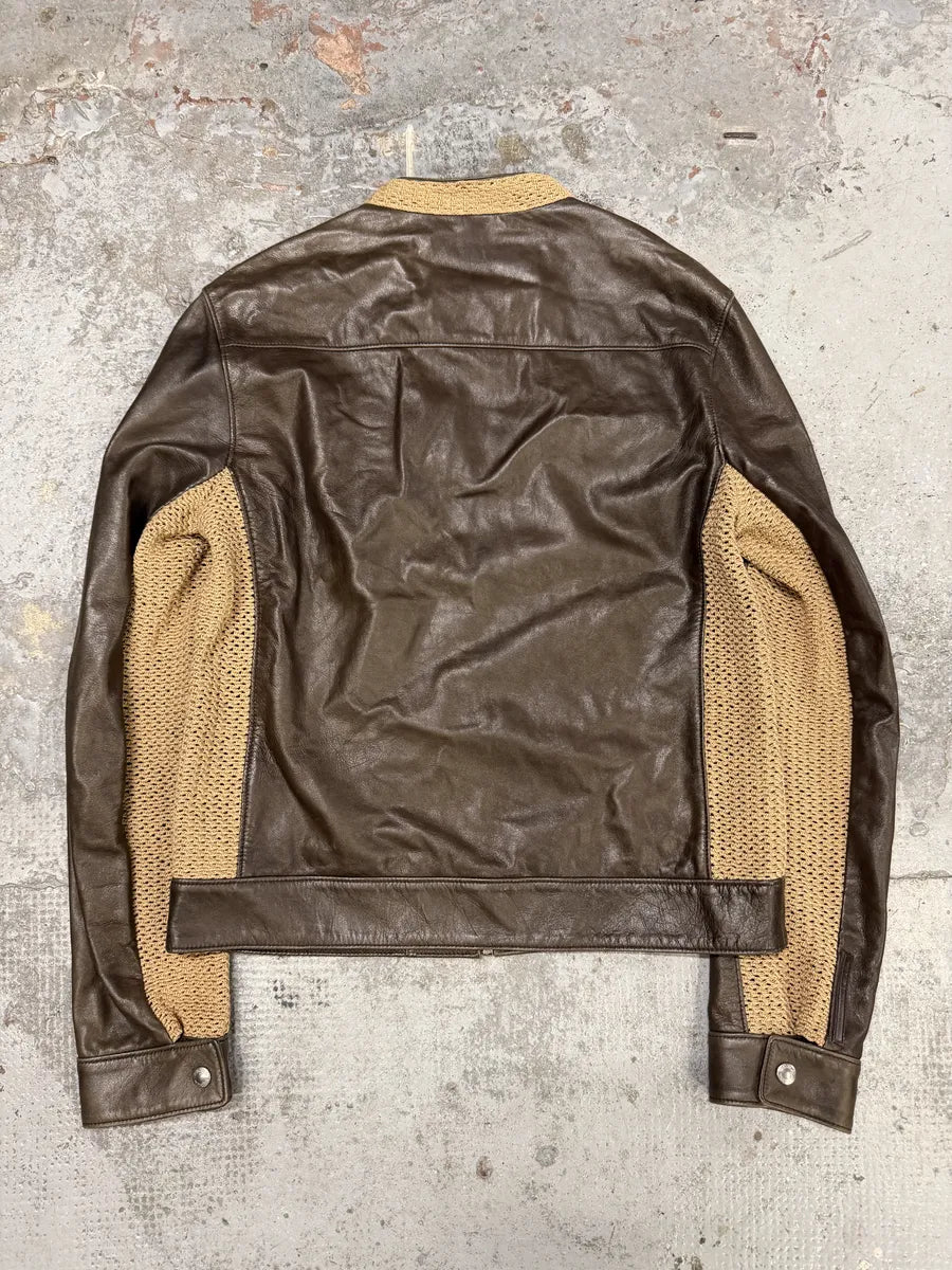 FW2000 Prada Brown & Beige Biker Leather Jacket ScDpxbJ 3