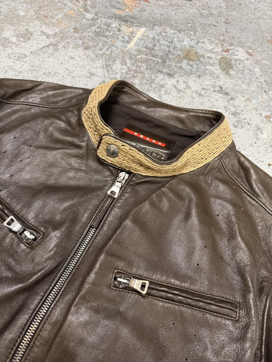 FW2000 Prada Brown & Beige Biker Leather Jacket ScDpxbJ 4