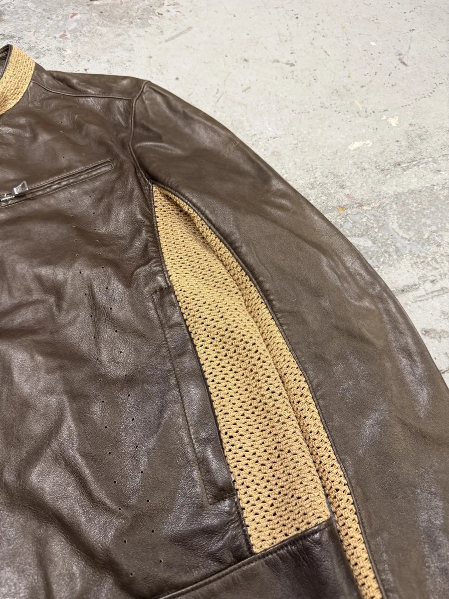 FW2000 Prada Brown & Beige Biker Leather Jacket ScDpxbJ 5
