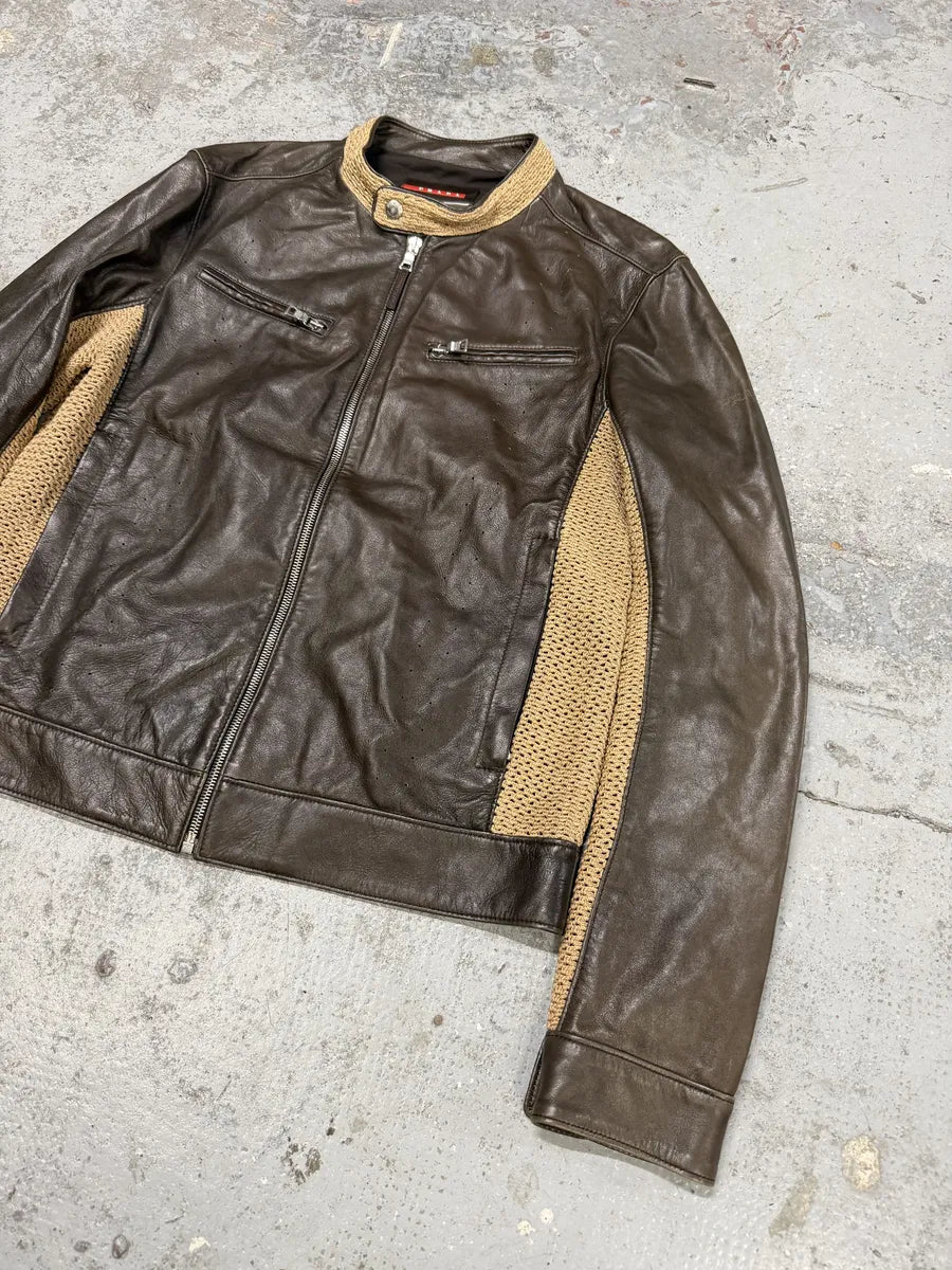 FW2000 Prada Brown & Beige Biker Leather Jacket ScDpxbJ 6