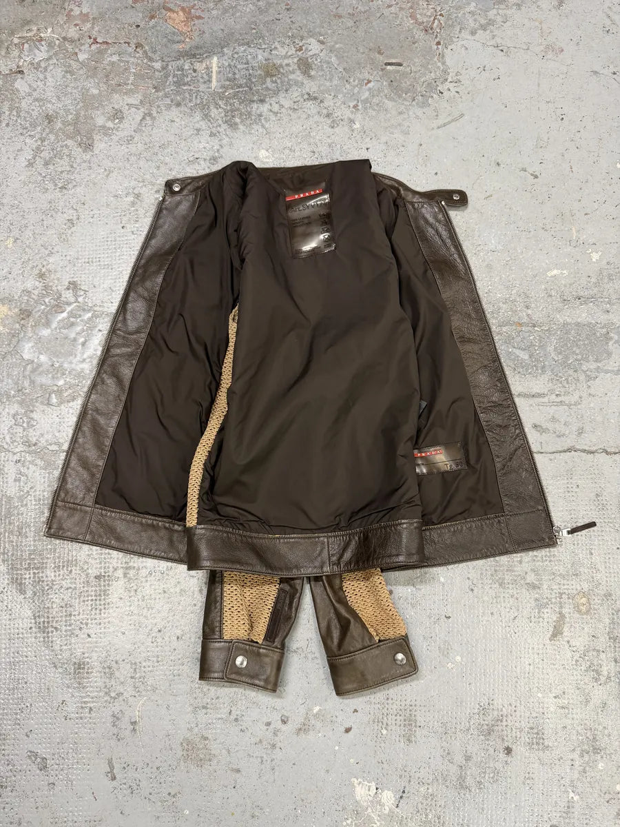 FW2000 Prada Brown & Beige Biker Leather Jacket ScDpxbJ 7