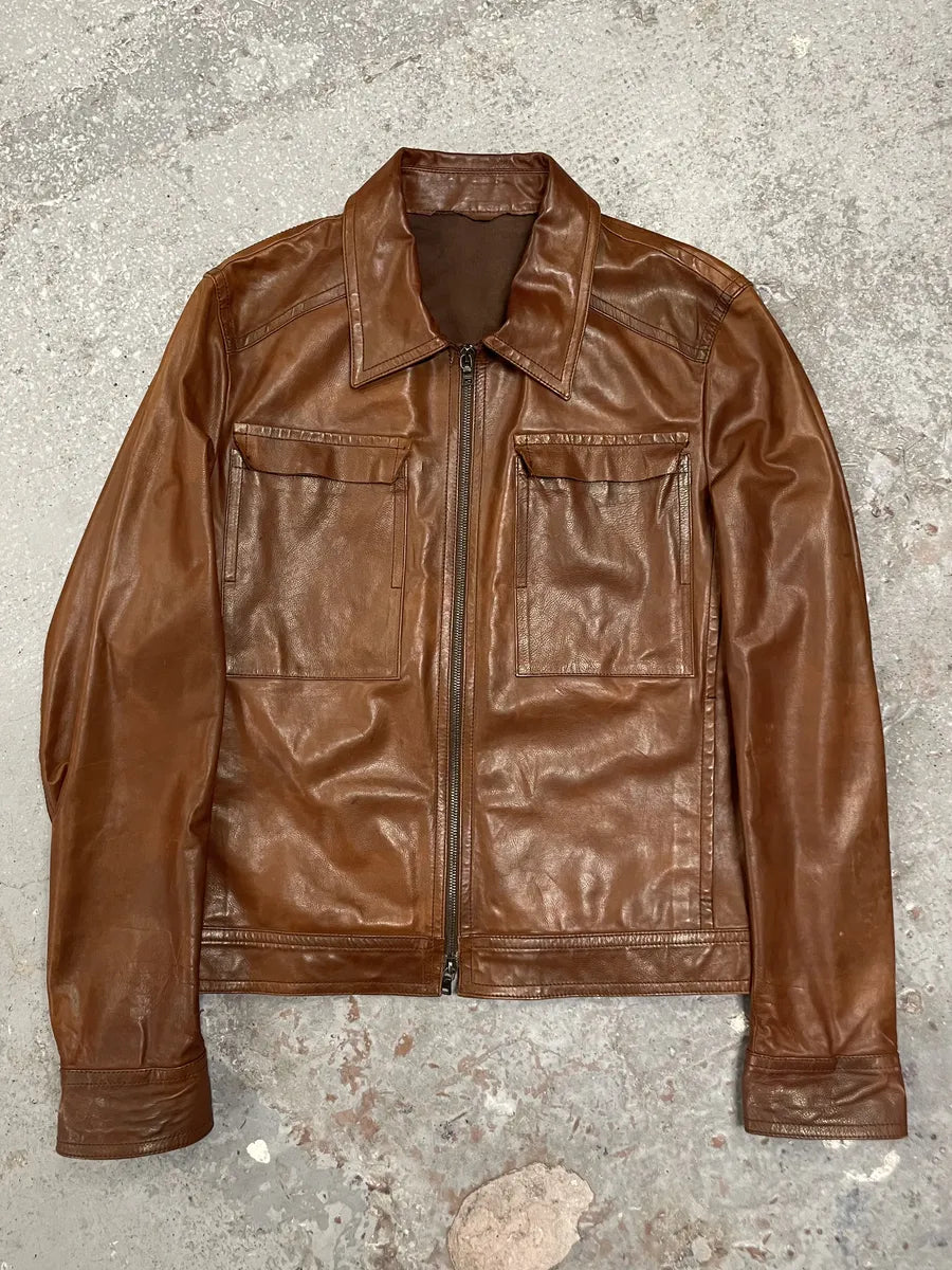 FW2000 Prada Brown Leather Minimalist Jacket (S) 0